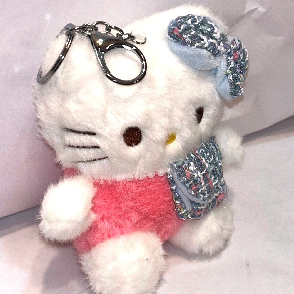 Kawaii Cat Plush Keychain Blue Tweed Bow Purse Charm 4" Cute - Picture 3 of 5